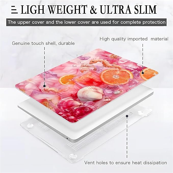 Compatible with MacBook Air 13.3 13.6 Inch Case 2022 2021 2020 2019 Plastic Hard Shell Case Cover,13.6 Air (A2681) M2 2022, Pink Floral with Sea Shells