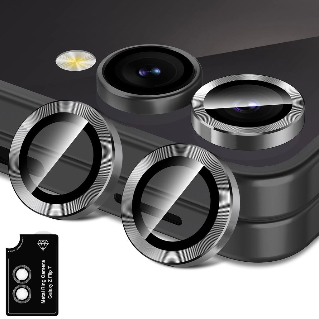Avocase for Samsung Galaxy Z Flip 7 Camera Lens Protector, Individual Metal Ring Tempered Glass Lens Cover, [Strong Adsorption] Scratch Resistant Ultra-Thin HD Clear Lens Cover, 1 Set-Black