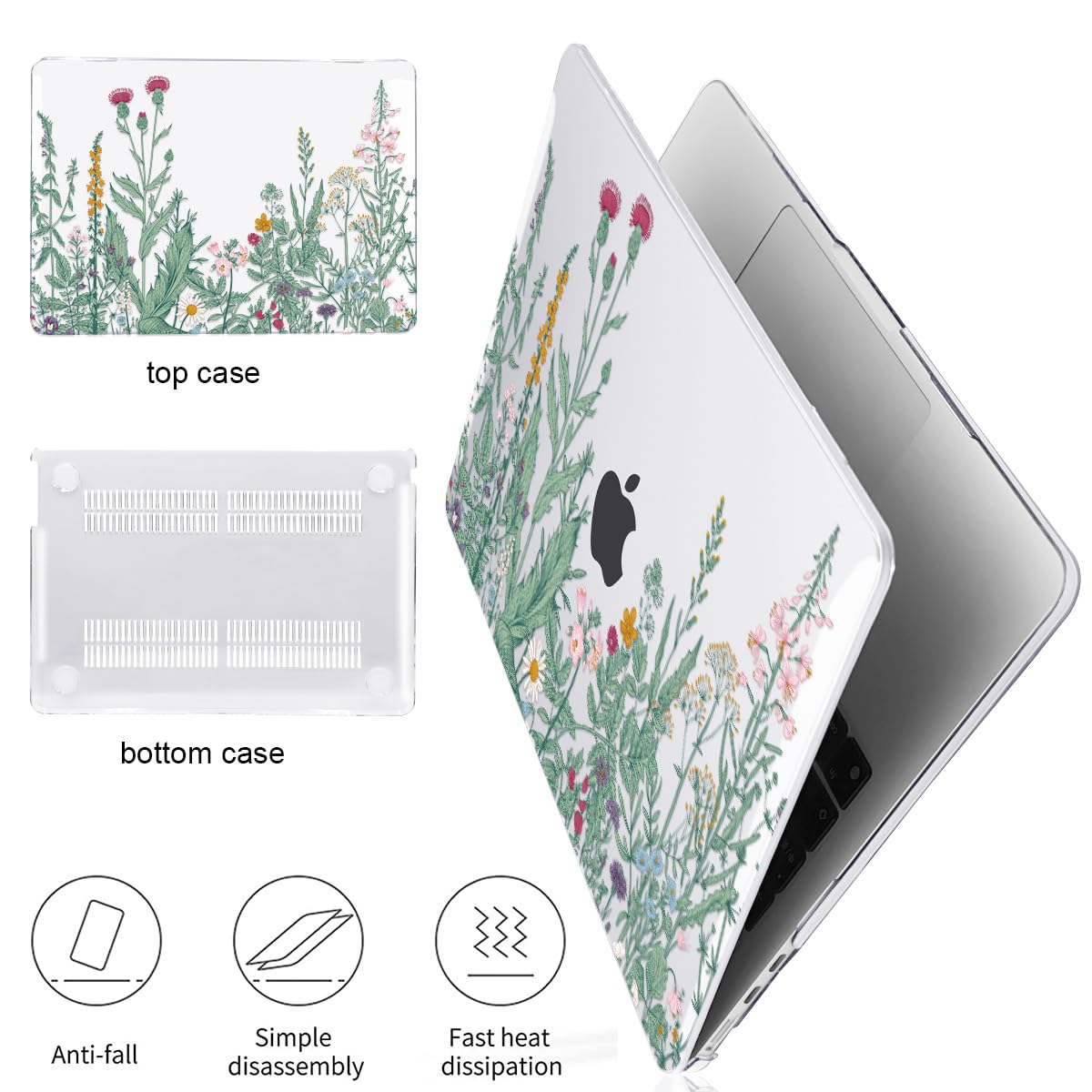 LCMOCICO for MacBook Air 13 Inch Case 2026 2025 2024 2023 2022 Release M5 A3449 M4 A3240 M3 A3113 M2 A2681, Scratch Resistant Plastic Hard Shell Case for MacBook Air 13.6 M5, Green Plants Flowers