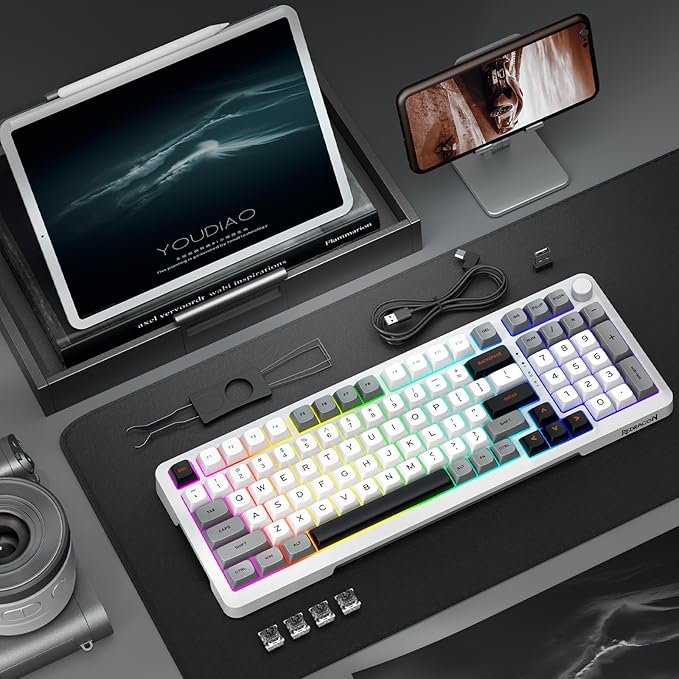 Redragon Wireless Mechanical Keyboard, 3 Mode Gasket Mounted RGB Gaming Keyboard with Volume Knob, Pre-Lubed Linear Switches, MDA-Profile, 98 Keys Hot Swappable Creamy Keyboard for Pc/Tablet/Xbox Blue