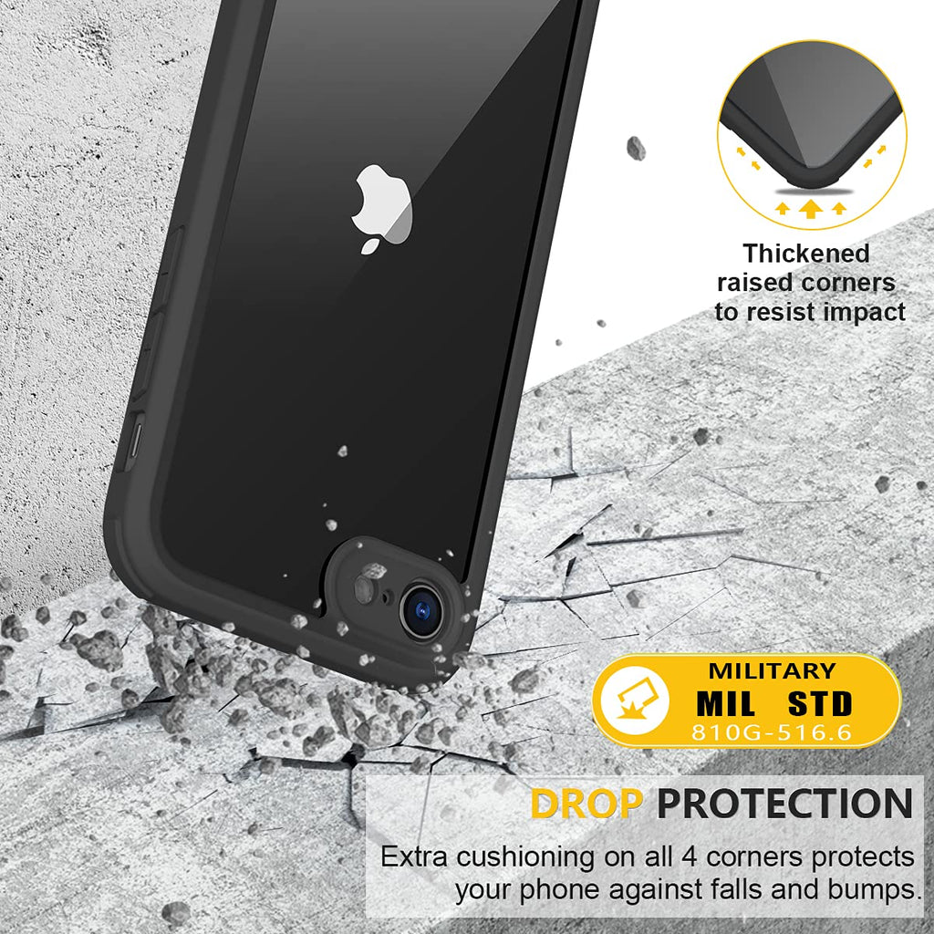 Miracase for iPhone SE Phone Case 3rd/2nd Generation 2022 2020 Full-Body with Built-in Glass Screen Protector, Heavy Duty 360° Protective Shockproof Bumper Cover for iPhone 8/SE 4.7 Inch, Black