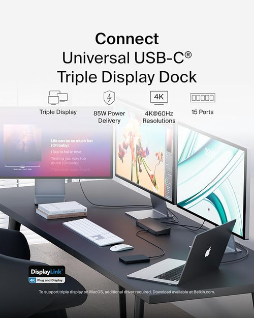 Belkin Docking Station 15 in 1 Triple DisplayLink 85W PD 4K HDMI USB-C Dock