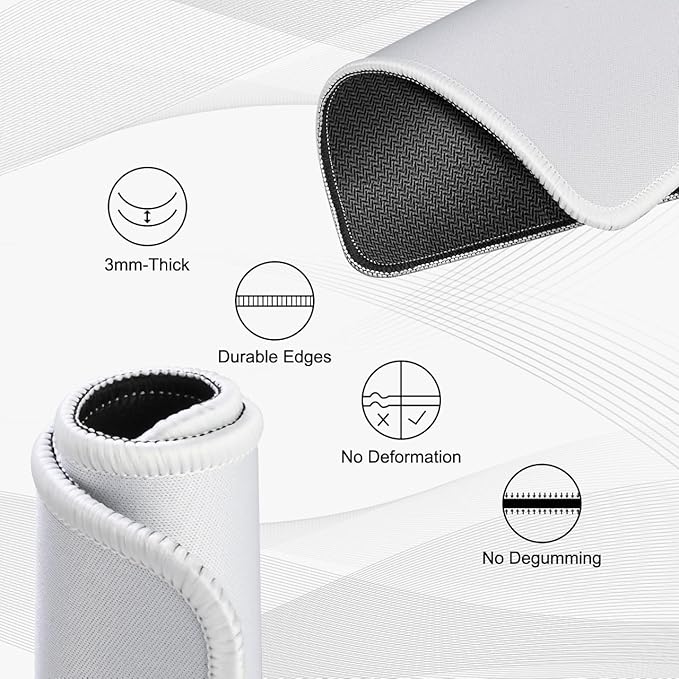 JIKIOU 3 Pack Mouse Pad with Stitched Edge, Comfortable Mouse Pads with Non-Slip Rubber Base, Washable Mousepads Bulk with Lycra Cloth, Mouse Pads for Computers Laptop Mouse 10.2x8.3in Blank White