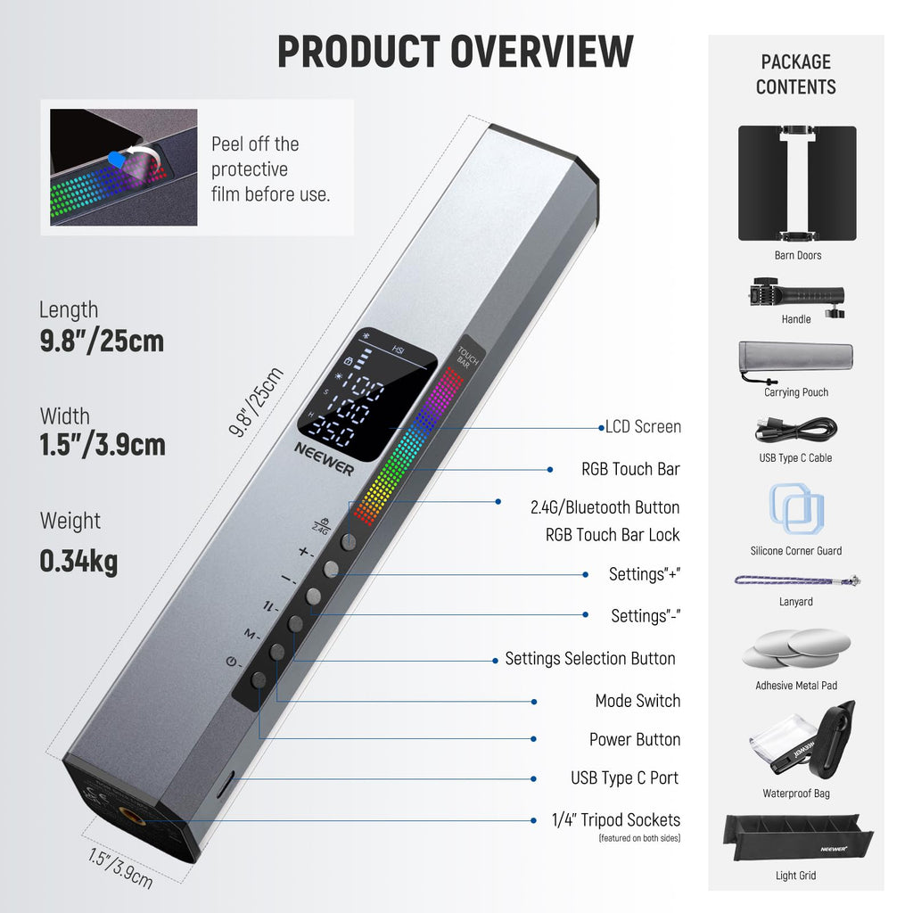 NEEWER RGB1 LED Tube Light Stick with Metal Barndoor, Handle, Touch Bar/APP Control, Magnetic Handheld RGB Video Light, 3200K-5600K CRI98+ Dimmable Photography Lighting with 6400mAh Battery, 17 Scenes