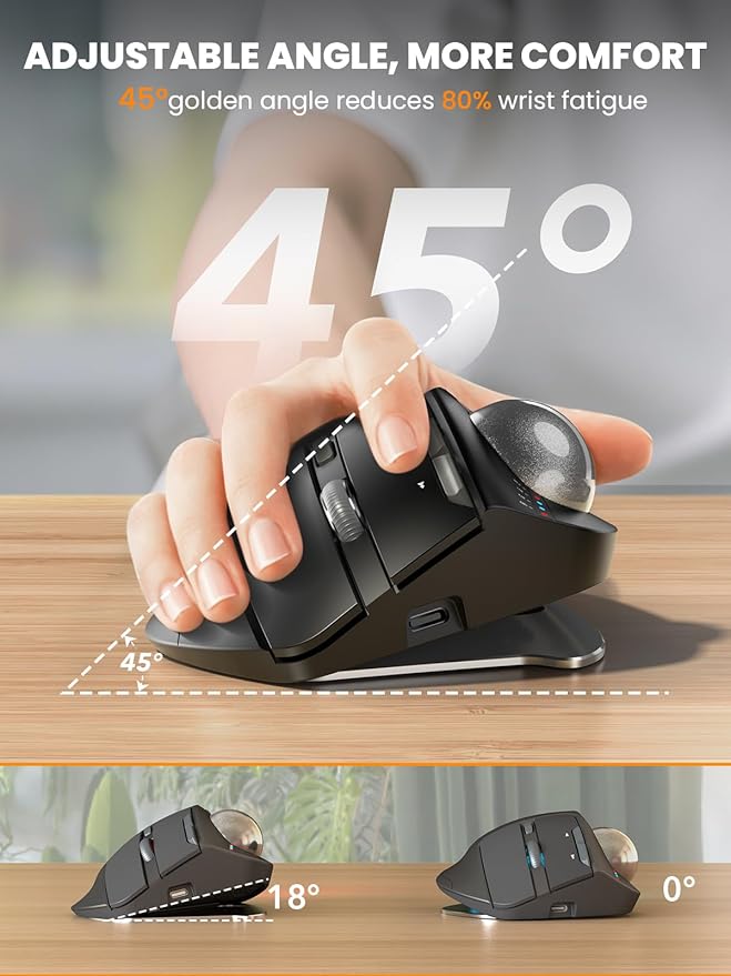 SABLUTE Wireless Trackball Mouse, Ergonomic Bluetooth Rechargeable Computer Mouse, Backlit Rollerball Thumb Laptop mice with 5 Level DPI, Adjustable Angle, 3 Devices Connection for PC, Mac, Windows