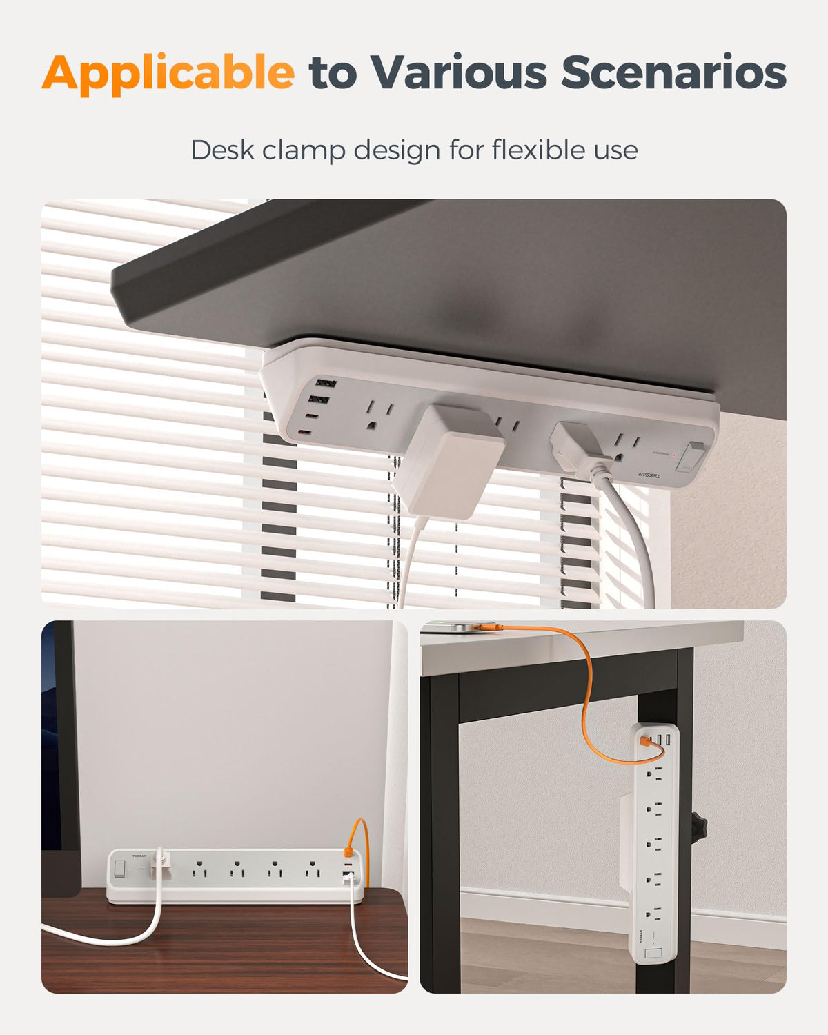 TESSAN Desk Clamp Power Strip 10 Ft with 2100J Surge Protector, Gray