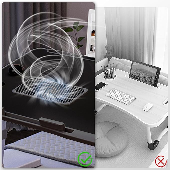 Laptop Lap Desk with Cooling Fan - Adjustable with Light, USB, Storage Drawer - Folding Bed Desk,23.62"*15.74",Black
