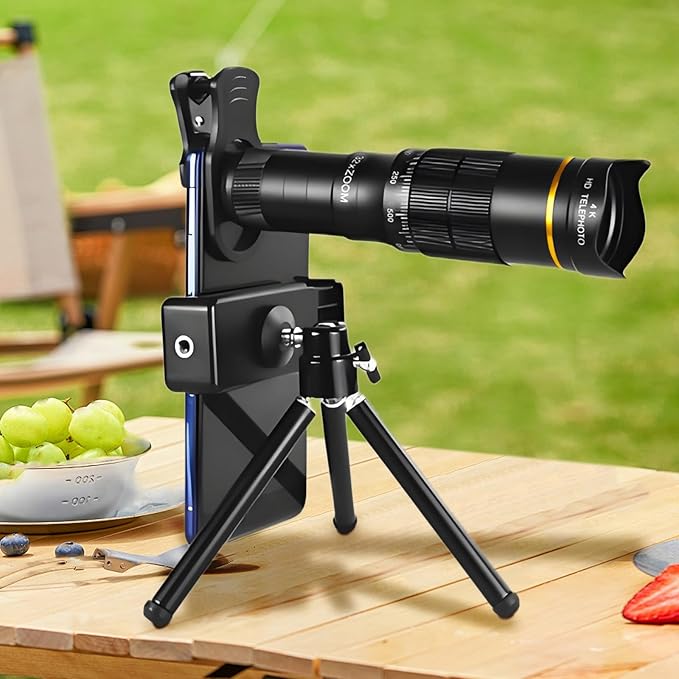 Phone Camera Lens Kit, 32X Long Focus Telephoto, Portable Clip-on HD Phone Zoom Telescope Lens, 0.63X Wide Angle Lens, 198° Fisheye Lens, with Universal Clip and Tripod, for Photo Videos