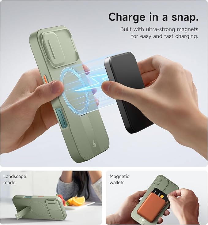 SURITCH for iPhone 16 Case with Magnetic Camera Slide Cover and Adjustable Kickstand, Compatible with MagSafe, Shockproof Bumper Case Slim Protective Cover 6.1 Inch, Green
