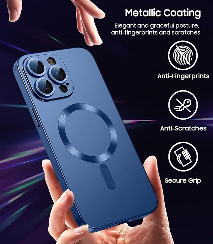 Magnetic for iPhone 15 Pro Max Case [Compatible with MagSafe][Built-in Camera Lens Protector] Slim Soft Silicone Bumper Shockproof Metallic Luster Phone Case (Blue)