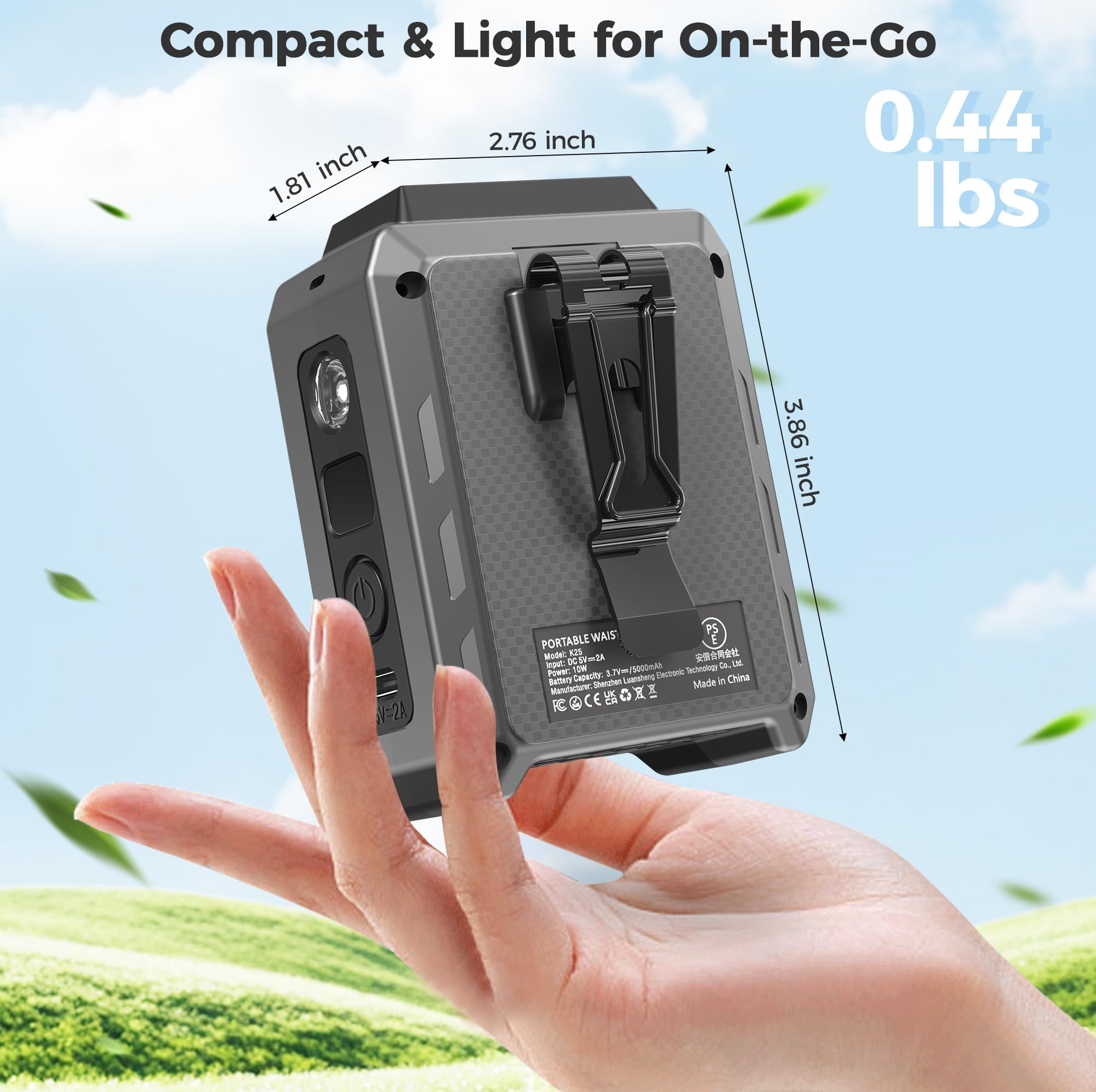 Portable Mini Waist Fan - Rechargeable Clip on Belt Wearable Body Fan, Max 25H Cooling, 3 Speeds 16000RPM Turbo Hands-Free Under-Shirt Neck Fan for Outdoor Jobsite Camping Traveling