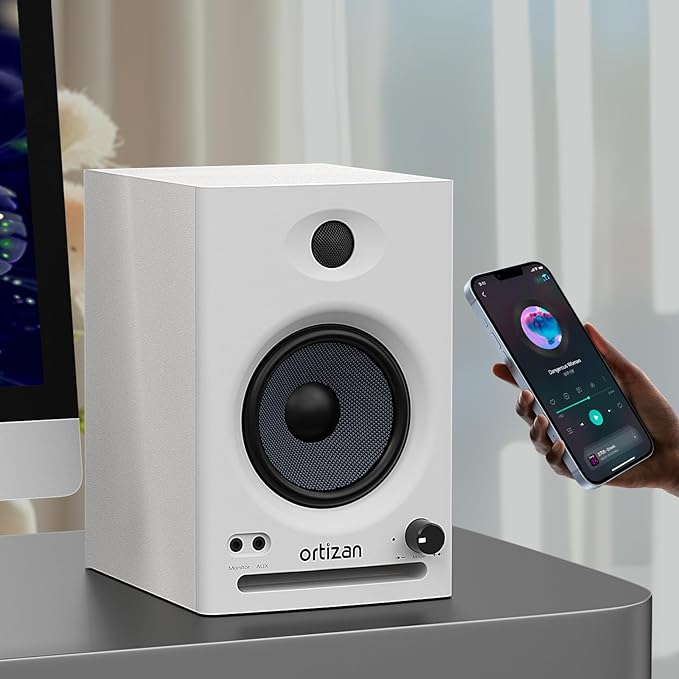 Ortizan C7 Dual-Mode 2.0 Studio Monitors, Active Monitor Speakers for Near Field Music Production, Bluetooth 5.3 Wireless Computer PC Monitor Gaming Bookshelf Speakers(Pair, White)