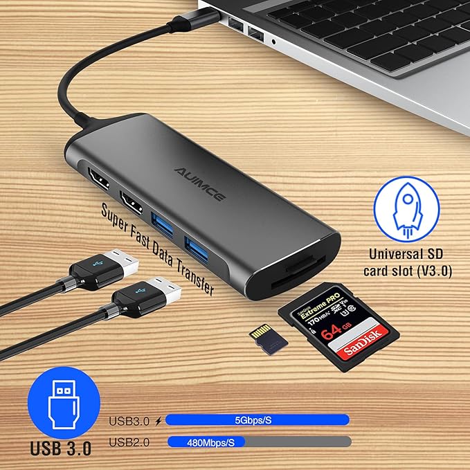 USB C Docking Station Dual Monitor, 7-in-1 Laptop Dock with 2 HDMI,100W PD, USB 3.0, SD/TF Card Reader Ports, Laptop Docking Station for Dell, HP, Lenovo, Surface and More