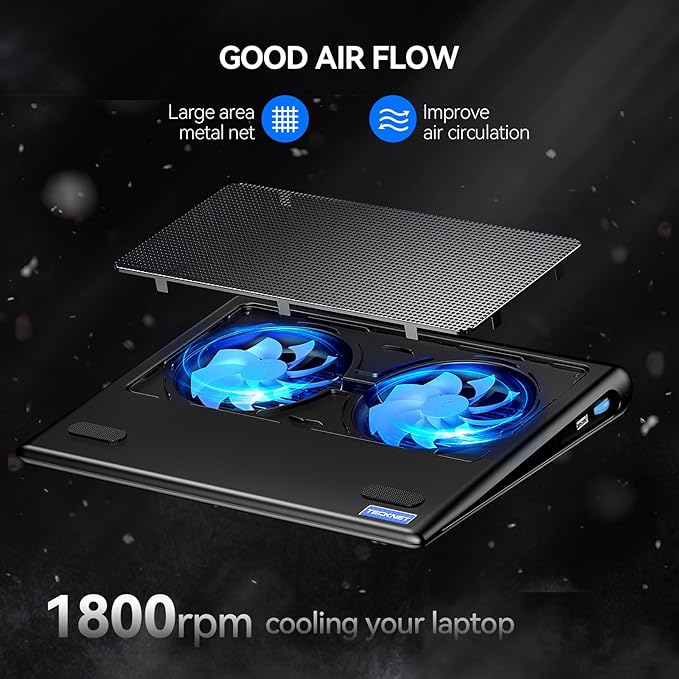 TECKNET Laptop Cooling Pad, 12"-15.6" Laptop Cooler, Gaming Laptop Cooling Stand, Wind Speed Adjustable, 2 USB Powered Laptop Fan Cooling Pad for Laptop Within 16 Inch (Blue)