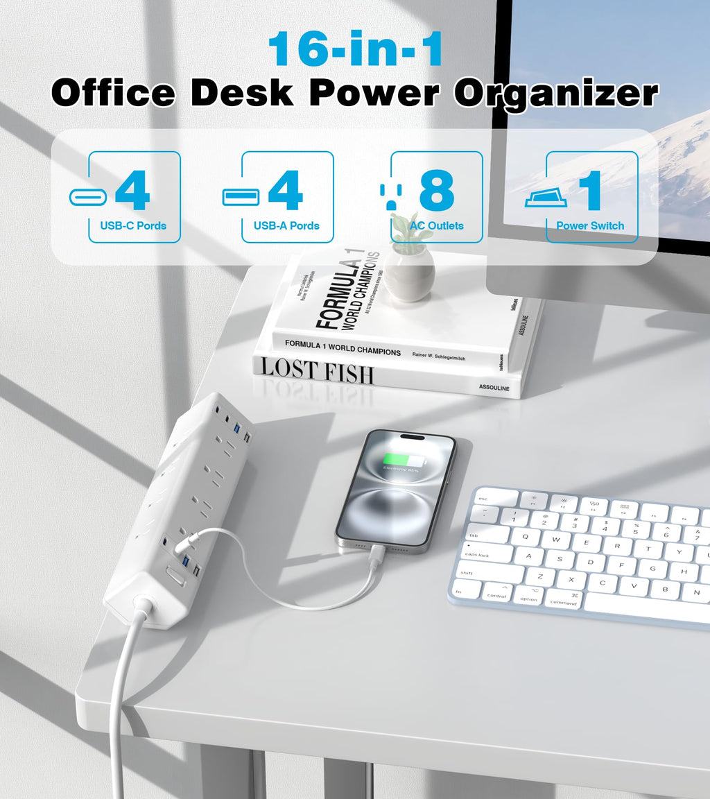 VILONG Desk Clamp Power Strip, Edge Mount, 8AC, 8USB (4 USB-C), 1200J