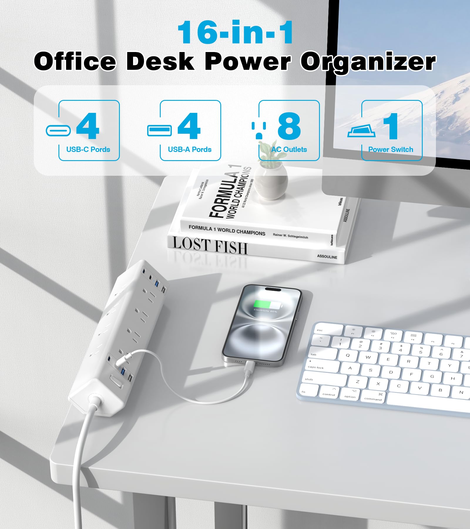 VILONG Desk Clamp Power Strip, Edge Mount, 8AC, 8USB (4 USB-C), 1200J