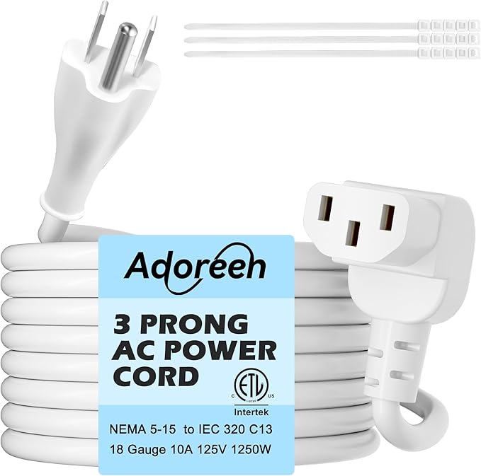 Adoreen 20 Ft Computer TV Replacement Power Cord White, 90 Degree Angled L-Shaped 18AWG 3-Prong AC Universal Power Supply Cable NEMA 5-15P to IEC 320 C13 for Printer, PC, Monitor TV LCD, ETL+Ties