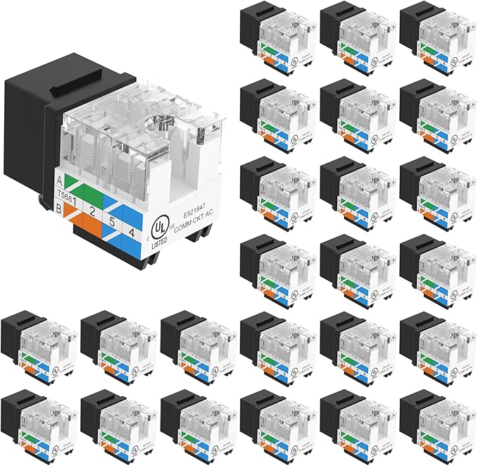 VCE UL Listed Cat6 RJ45 Keystone Jack Insert 25-Pack, 90 Degree Punch Down Keystone Jack Adapter Slim Profile Black