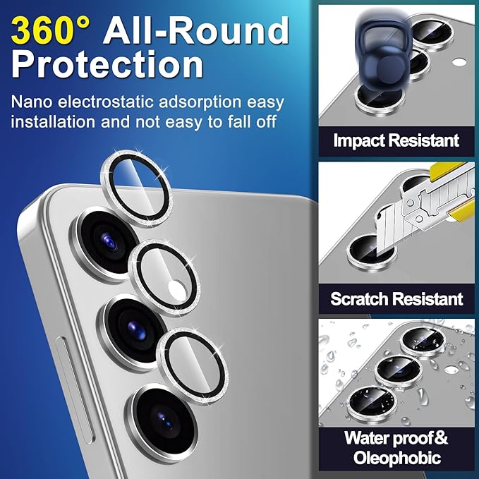 for Samsung Galaxy S25 Camera Lens Protector, Individual Metal Ring Tempered Glass Lens Cover, [Strong Adsorption] Scratch Resistant Ultra-Thin HD Clear Lens Cover, 1 Set-Silvery Sparkly