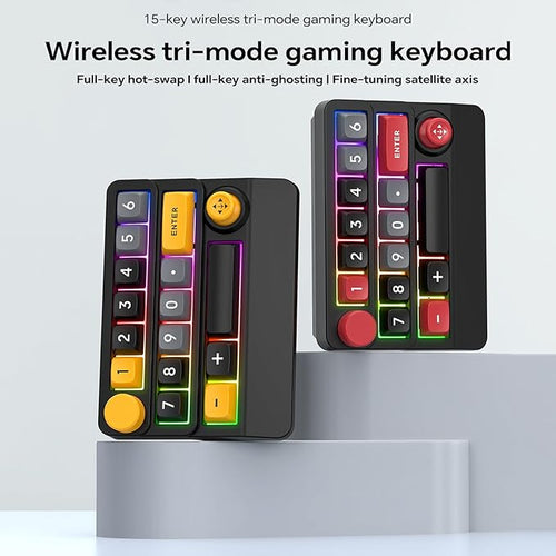 Adventurers W909 Wireless RGB Mechanical Numeric Keypad, Hot-Swappable, Macro-Programmable Numpad, Joystick & Knob Control for PC/Tablet/Laptop/Phone, Tri-Mode Connectivity (Yellow on Black)