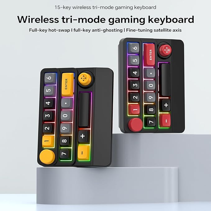 Adventurers W909 Wireless RGB Mechanical Numeric Keypad, Hot-Swappable, Macro-Programmable Numpad, Joystick & Knob Control for PC/Tablet/Laptop/Phone, Tri-Mode Connectivity (Red on Black)