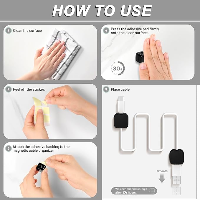 SaiTech IT Pack of 6 Magnetic Cable Clips, Cord Organizer Holder, for Desk Cable Management, Adhesive Wire Keeper for Car, Office Home Desktop, Wall, Night Table