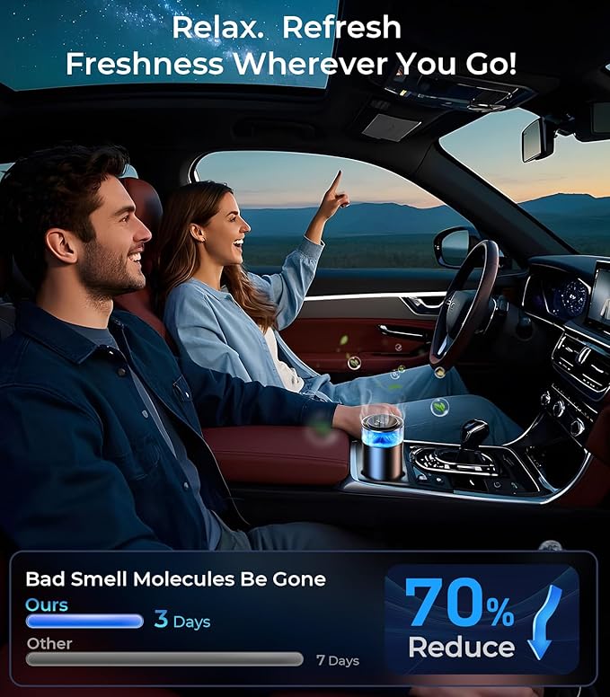Smart Car Air Fresheners, Ambient Light & Mist Fragrance, Auto On/Off Car Air Freshener Diffuser, Adjustable Intensity, Lasts 6 Months, Built-in Battery, Premium Scents Refill X2 - Vanilla