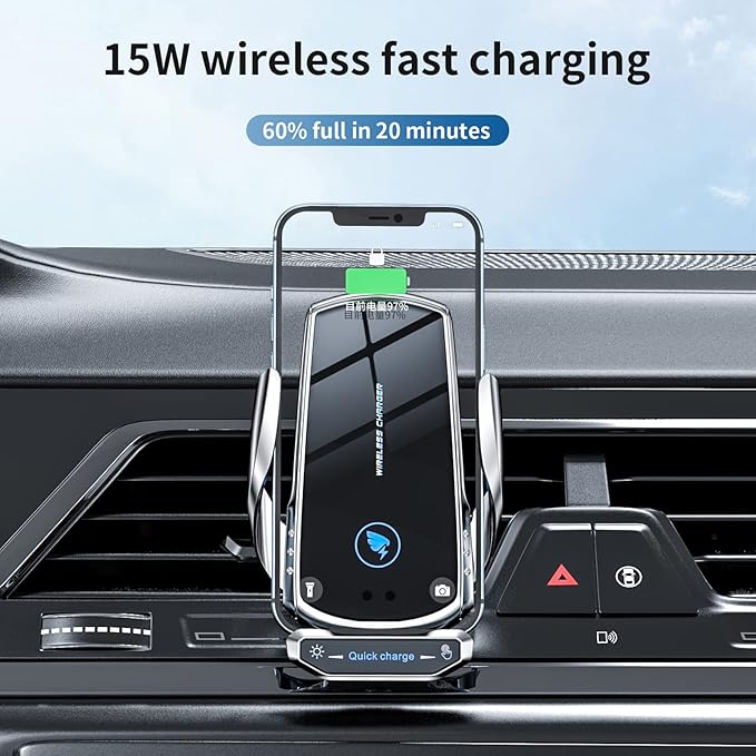 Wireless Car Charger Mount Automotive Electric Induction 15W Fast Charging Auto Clamping Car Phone Holder Mount Wireless Charging Mount Air Vent Phone Holde Compatible with All Android (Silver)