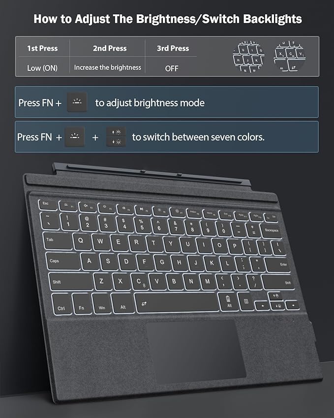 MoKo Microsoft Surface Pro 7/Pro 6/Surface Pro 5 (Pro 2017)/Pro 4/Pro 3 Type Cover, Ultra-Slim Wireless Bluetooth Keyboard with Trackpad, 7-Color LED Backlit, Built-in Rechargeable Battery, Gray