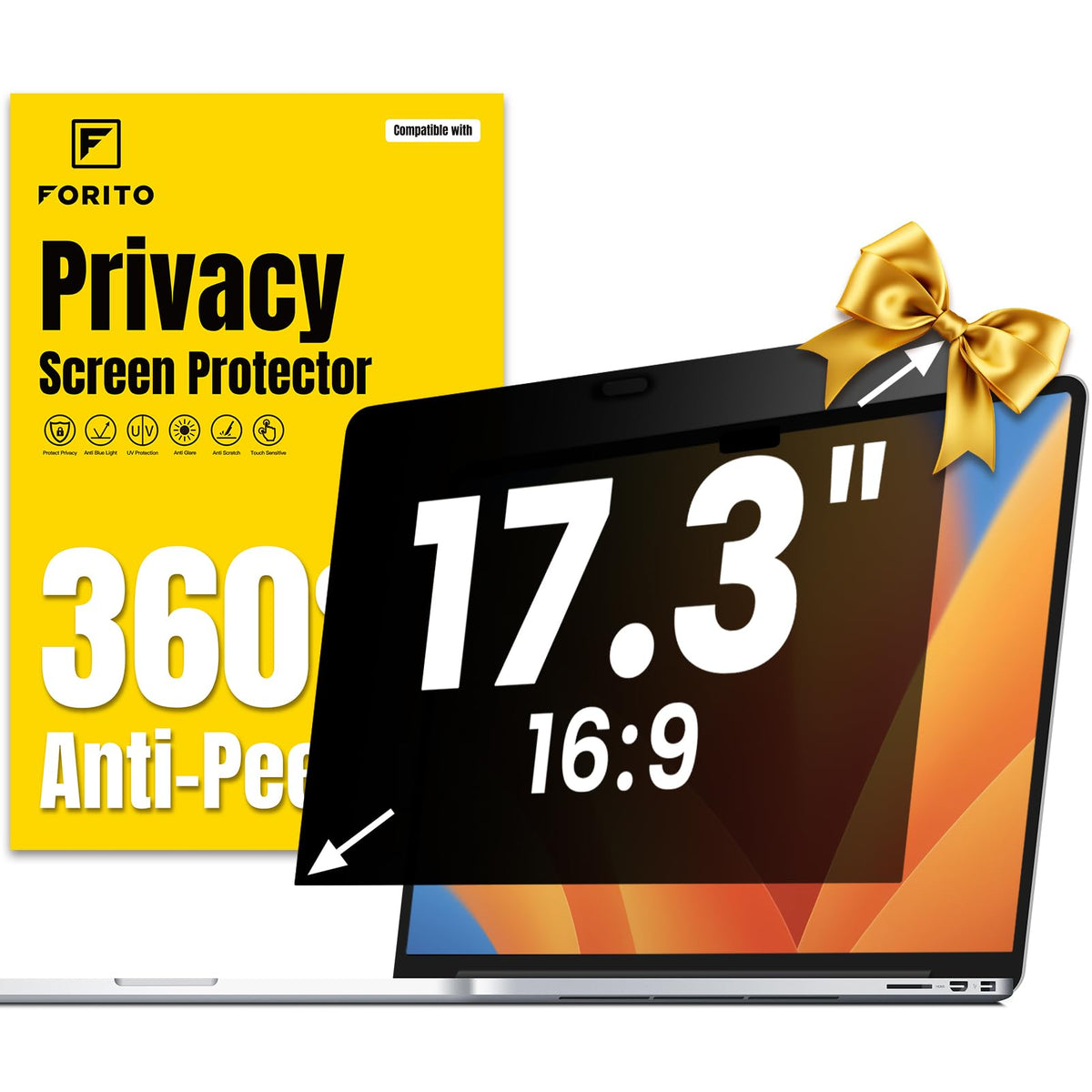 F FORITO 16 Inch 16:10 360° Laptop Privacy Screen Protector, Anti Peeping and Anti Glare Laptop Privacy Shield, Reduce Eye Strain & Eye Protection