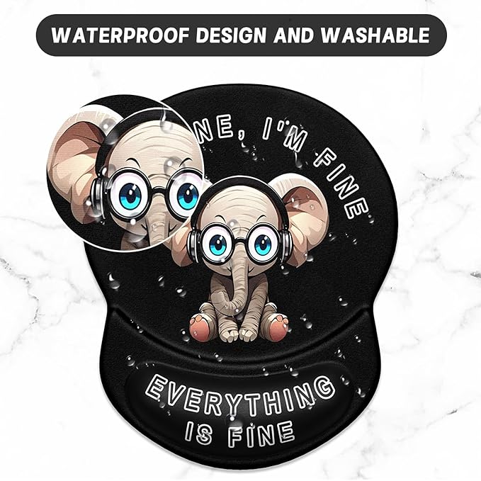 ITNRSIIET Ergonomic Mouse Pad with Gel Wrist Support Small Wrist Rest Smooth Surface Non-Slip PU Base Comfortable Office Supplies Pain Relief, 8.7 x 7.2 inches, Pretty Fine Elephant
