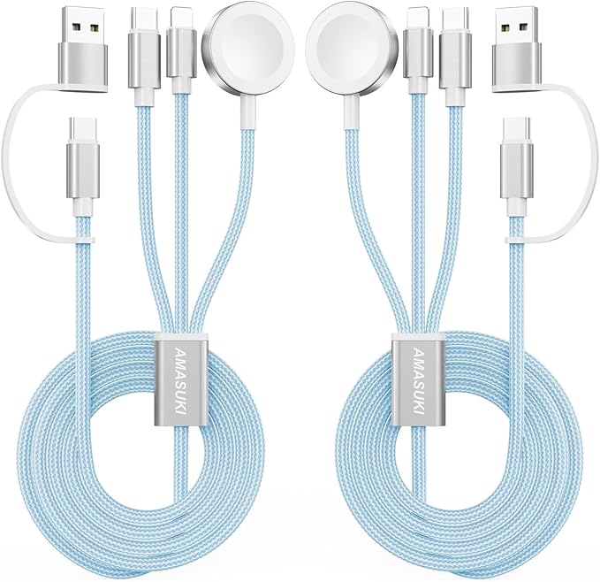 2Pack Blue-Travel Essentials 3 in 2 USB C Cable for Watch Charger Phone Charger USB C Multi Fast Charging Cable Compatible with Watch Ultra/SE/10/9/8/7/6/5/4/3/2/1 & Phone 16/15/14/Galaxy S23-4FT
