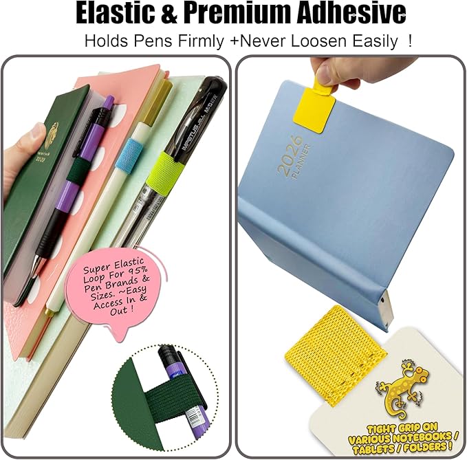 Pen Loop Holder for Notebook 12 Colors Self-Adhesive Stick On Pen Holder with Extra 2 Pens Clips 1 Leather Bookmarks As COMBO for Planner Journal Tablet Clipboards Calendars Bible Campus School Office