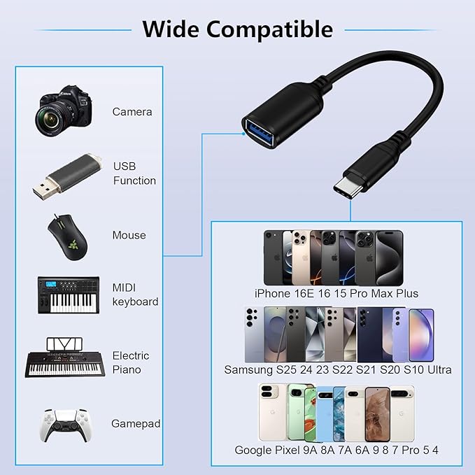 USB C to USB 3.0 Adapter, USB C Android Adapter Male to USB A Female OTG On The Go Cable for Samsung Galaxy S25 Edge Ultra S24 S23 S22 S21 S20 A36,Google Pixel 9 8 7 Pro,Moto G 5G 2025
