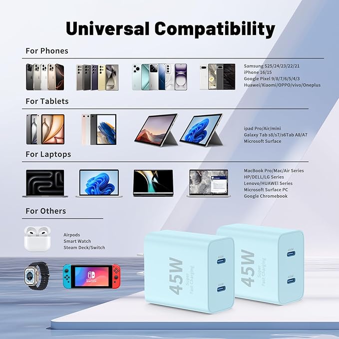 iPhone 16 15 Pro Max Charger Fast Charging,45W Dual Port USB C Fast Charger Block [2-Pack] & Extra Long 60W 3/6/10/10FT USB C Cable - PD Quick Adapter 3.0 for iPhone 16 15/16 15Pro/16 15 Plus.