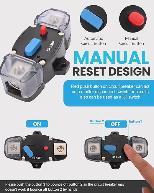 250 Amp Circuit Breaker 12-48 Volt DC 250A Self Recovery Resettable High Amp Circuit Breaker with Manual Reset Button for Automotive RV Marine Boat Car Audio and Amps Protection