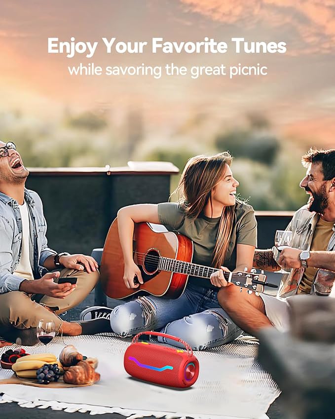 Portable Bluetooth Speaker with Light, Loud Sound and Deep Bass, IPX6 Waterproof, Up to 18H Playtime, TWS Pairing, Support Bluetooth/AUX/USB/TF Card for Home, Party, Outdoor and Travel (Red)