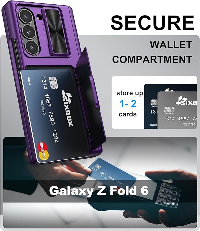 for Samsung Galaxy Z Fold 6 Case with Card Holder & Slide Camera Lens Cover & Hinge Protection & Screen Protector, Multifunctional Durable Rugged Phone Case for Samsung Z Fold 6, Dark Purple