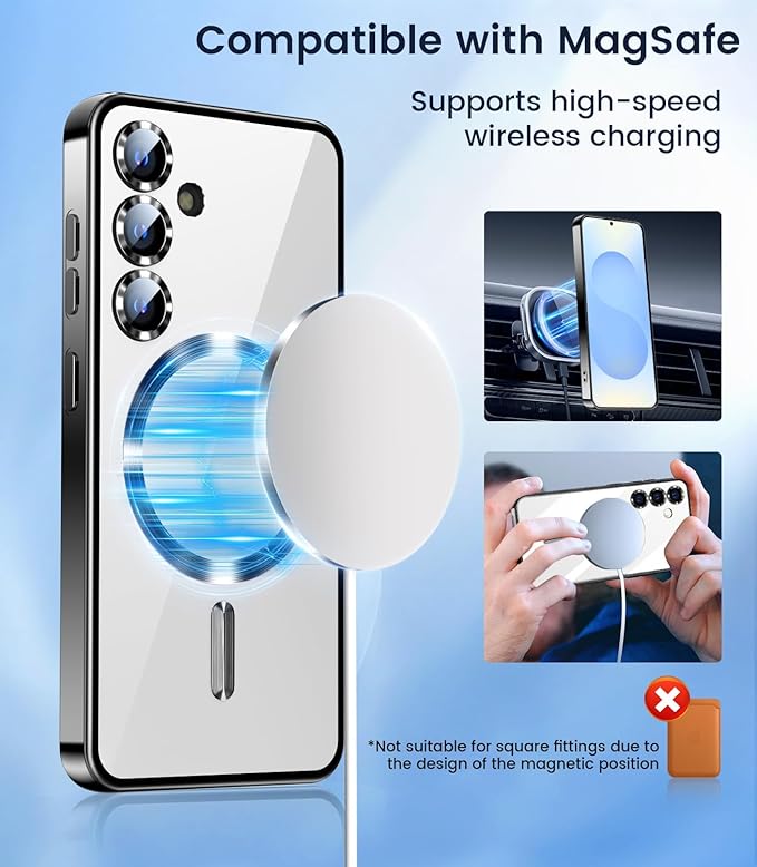 TOBOVON Slim Thin for Samsung Galaxy S25 Plus Case, Compatible with MagSafe, Built-in Camera Lens Protector, Shockproof Protective Phone Case, Soft Electroplated Clear Cover, Black