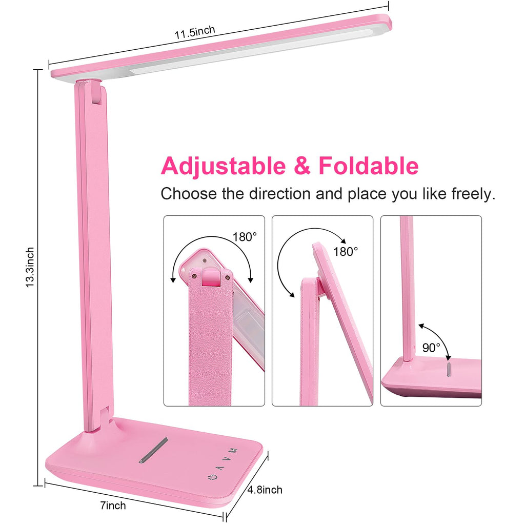 shinelife LED Desk Lamp for Office Home, Bright Desk Light with USB Charging Port, Adjustable Dimmable Desk Lamps 5 Modes 5 Brightness, Touch Study Lamp for Nail, Craft, Puzzle, Sewing, Study, Pink