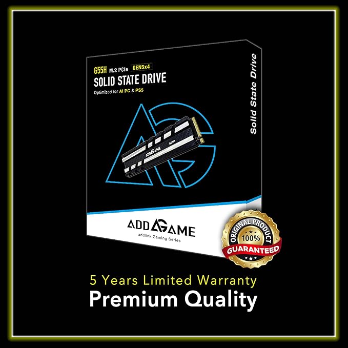 Addlink G55H 1TB PCIe 5.0 Gen5 NVMe M.2 SSD with Heatsink - Up to 10,200 MB/s - Game Ready - Internal Solid State Drive - Compatible with PCs and PS5 (ad1TBG55HM2P)