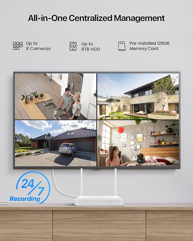 ZOSI 8 Channel 3K Wi-Fi 6 Security Camera System with 128G Memory Card for 24/7 Record, 4 x 5MP Pan Tilt WiFi Camera with Auto Tracking, Color Night Vision, Plug-in, AI Person Detect, 2-Way Audio