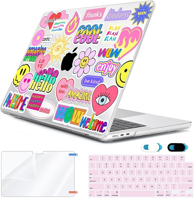 Compatible with MacBook Air 13 inch Case 2025 2024-2022 M4 A3240 M3 A3113 M2 A2681, Plastic Hard Shell&Keyboard Cover&Screen Film&Webcam Cover for MacBook Air 13.6 inch Case, Trendy Patches