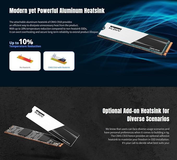 KLEVV CRAS C910 500GB M.2 2280 NVMe PCIe Gen4x4 Laptop & Desktop Internal SSD Heatsink Included, up to 5000MB/s (K500GM2SP0-C91)