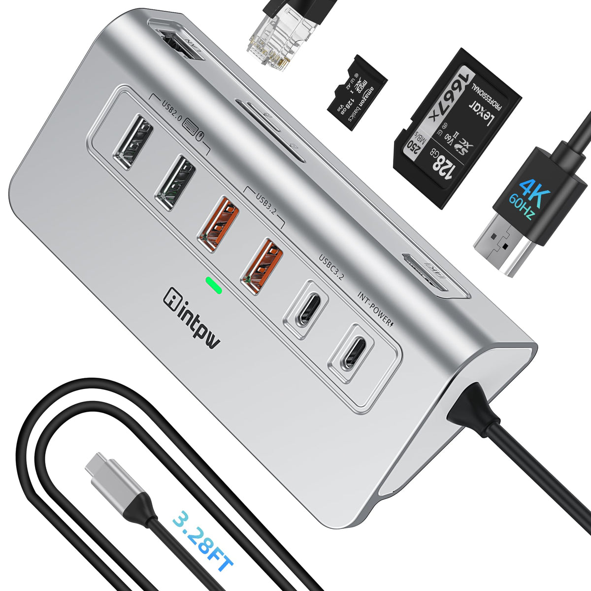 USB C Hub, intpw 9-in-1 USB Multiport Adapter with 4K HDMI, PD 100W, USB-C and 2 USB A 3.0 5Gbps, 2 USB A 2.0, SD/TF Slots for MacBook Pro/Air, iPad Pro, iPhone 15/16 Series