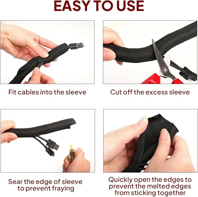 Black Braided Cable Management Sleeves Wire Loom Tubing Cord Protector Self-Wrapping (1/4"-18Feet)