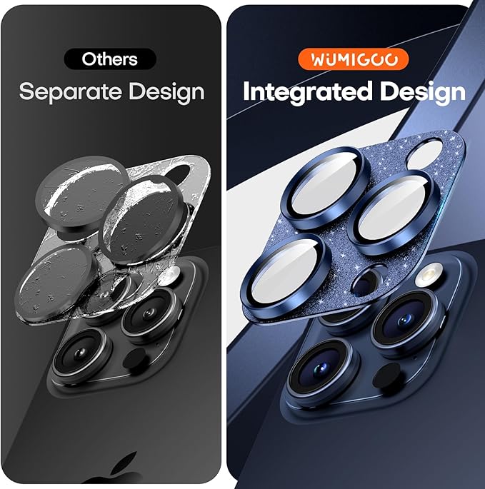 Camera Lens Protector for iPhone 16 Pro Max/16 Pro/15 Pro Max/15 Pro/14 Pro Max/14 Pro, Aluminum Alloy Sapphire Glass Camera Screen Cover, Case Friendly- Glitter Blue