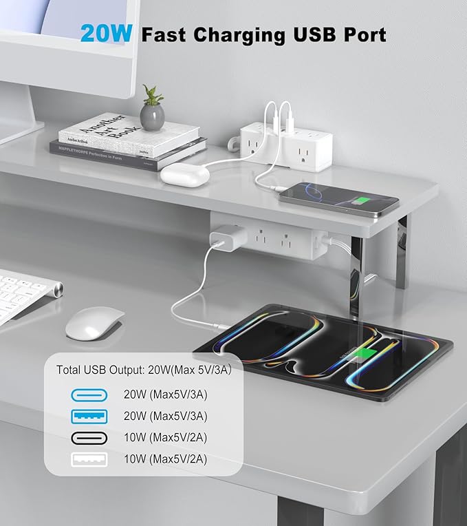 Dual Layer Desk Clamp Power Strip, 19 in 1 Desktop Edge Mount Surge Protector with 4 USB Ports(2 USB-C) & 15 AC Outlets, Ultra Thin Flat Plug & 5FT Power Cord for Office Home(ETL Listed)