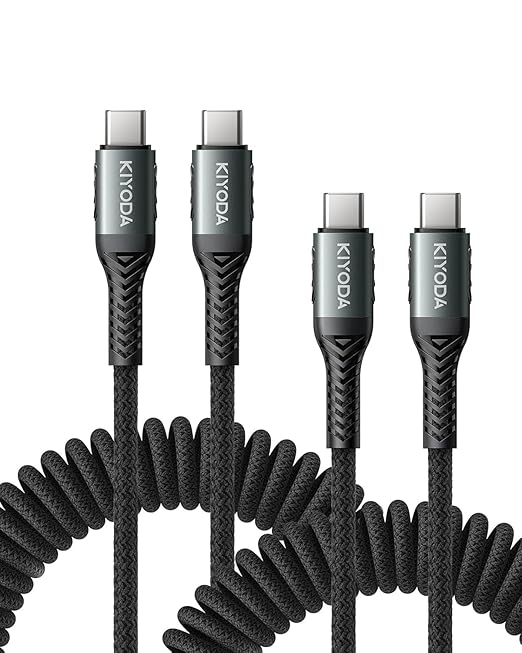 USB C to USB C Cable Coiled 6FT 2Pack, Braided Type C Charger for Car-Black