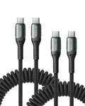 USB C to USB C Cable Coiled 6FT 2Pack, Braided Type C Charger for Car-Black